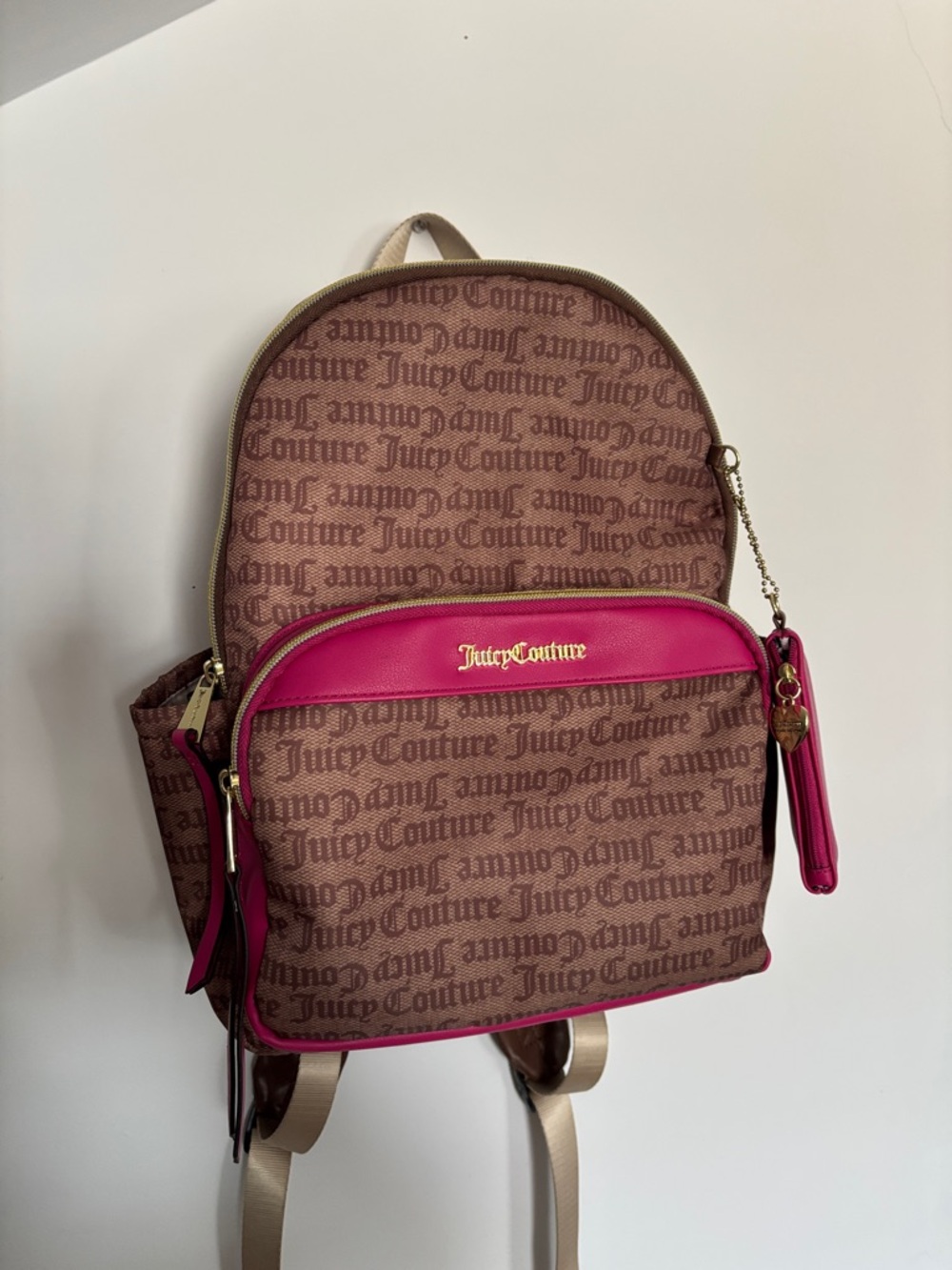 Juicy Couture Brown Monogram Backpack with Hot Pink Trim